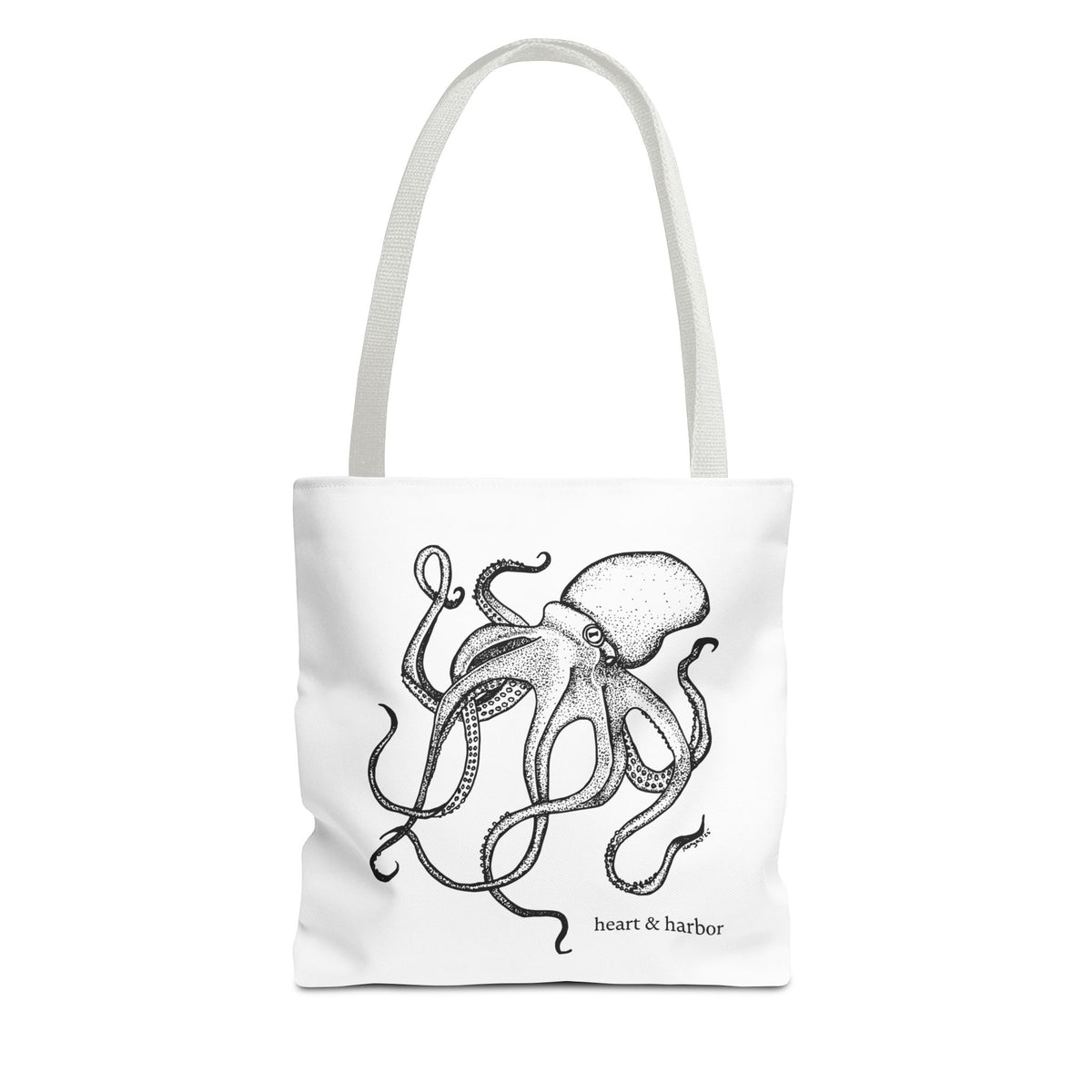 White tote bag with white handles and original hand-drawn Deep Octopus artwork by Heart & Harbor