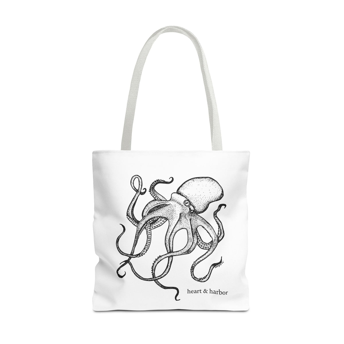 White tote bag with white handles and original hand-drawn Deep Octopus artwork by Heart & Harbor