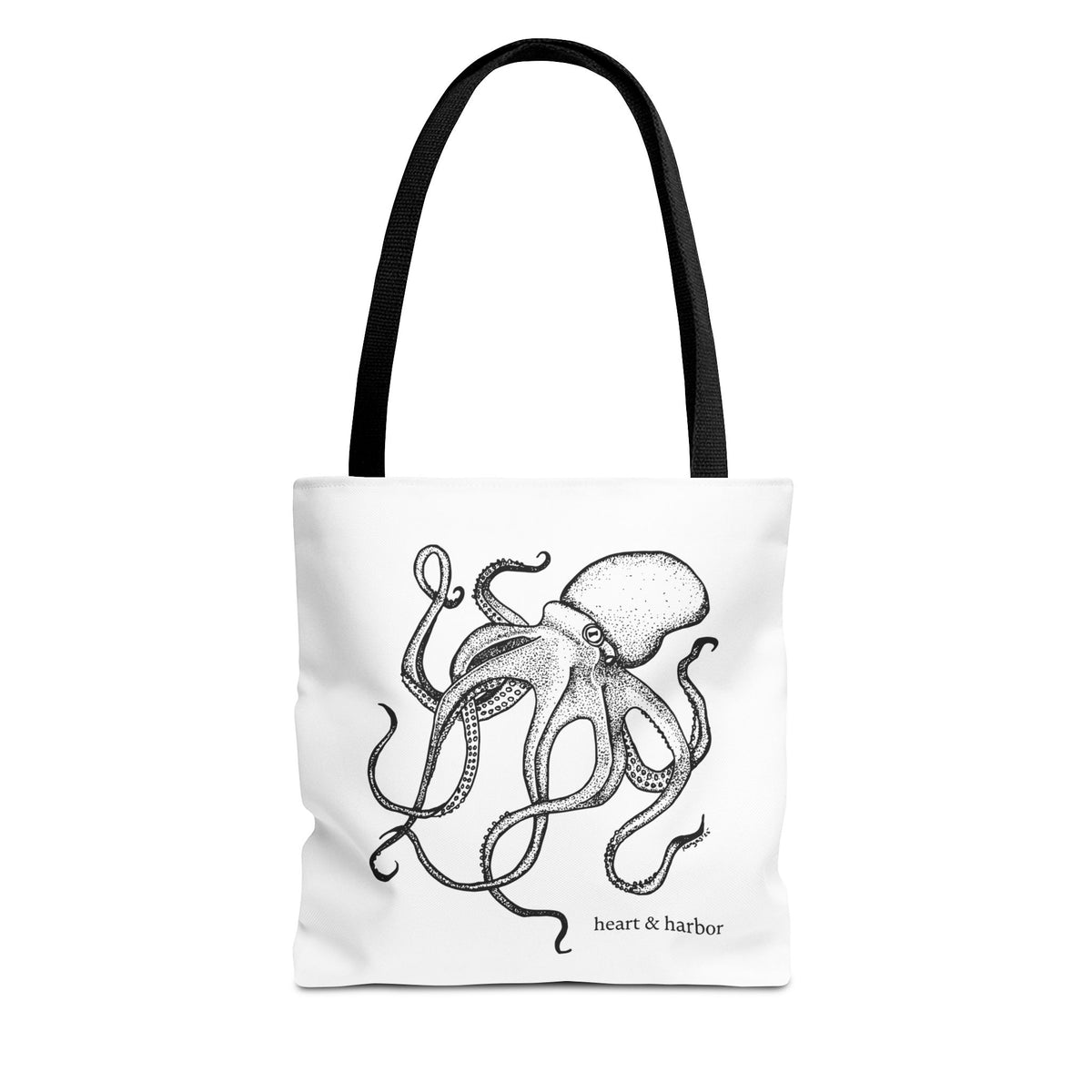White tote bag with black handles and original hand-drawn Deep Octopus artwork by Heart & Harbor