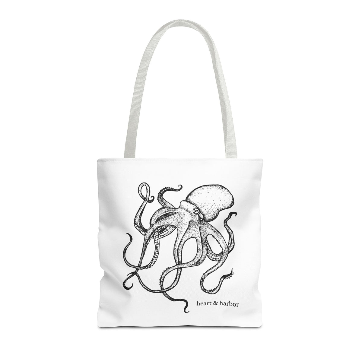White tote bag with white handles and original hand-drawn Deep Octopus artwork by Heart & Harbor