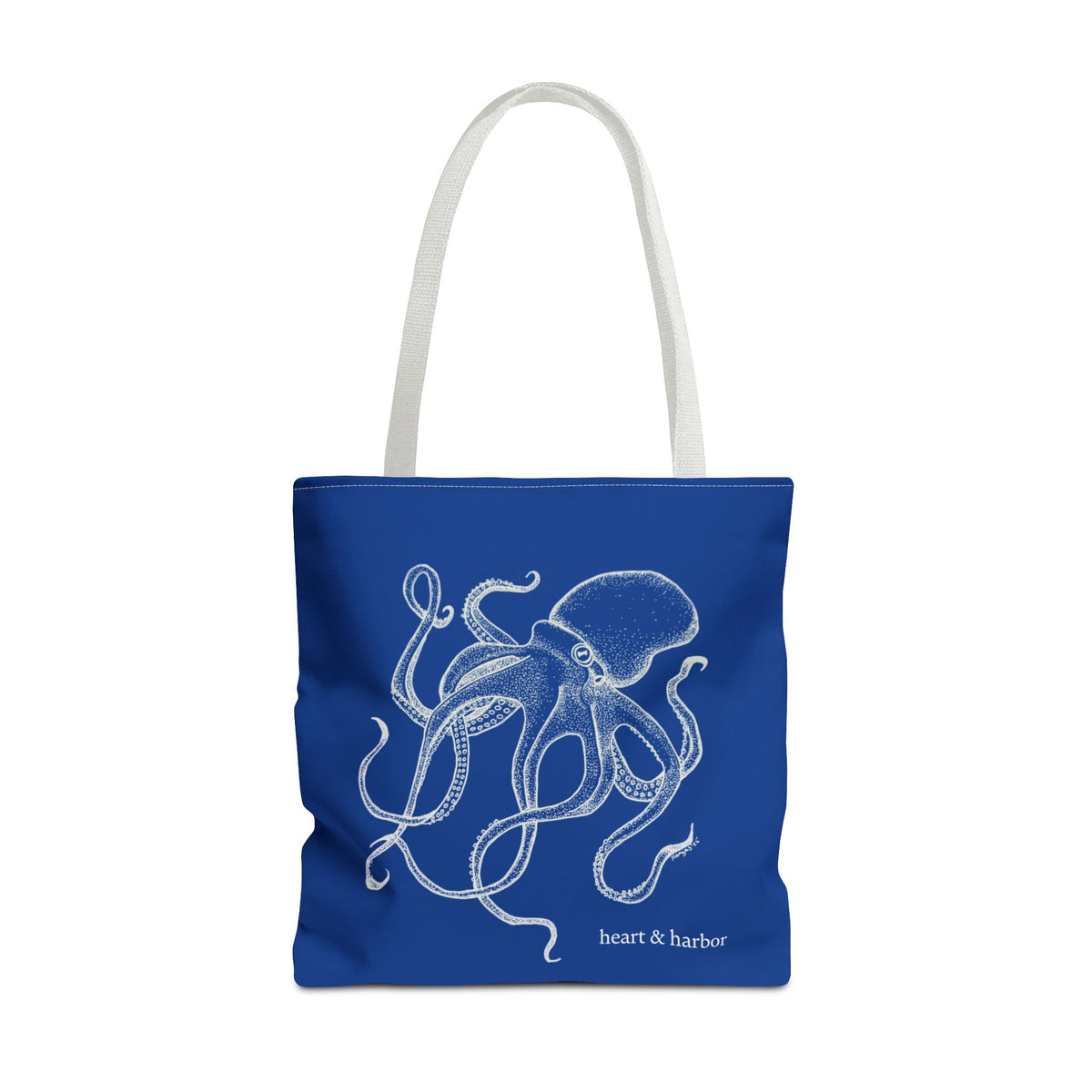 Navy blue tote bag with white handles and original hand-drawn Octopus artwork by Heart & Harbor