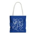 Navy blue tote bag with white handles and original hand-drawn Deep Octopus artwork by Heart & Harbor