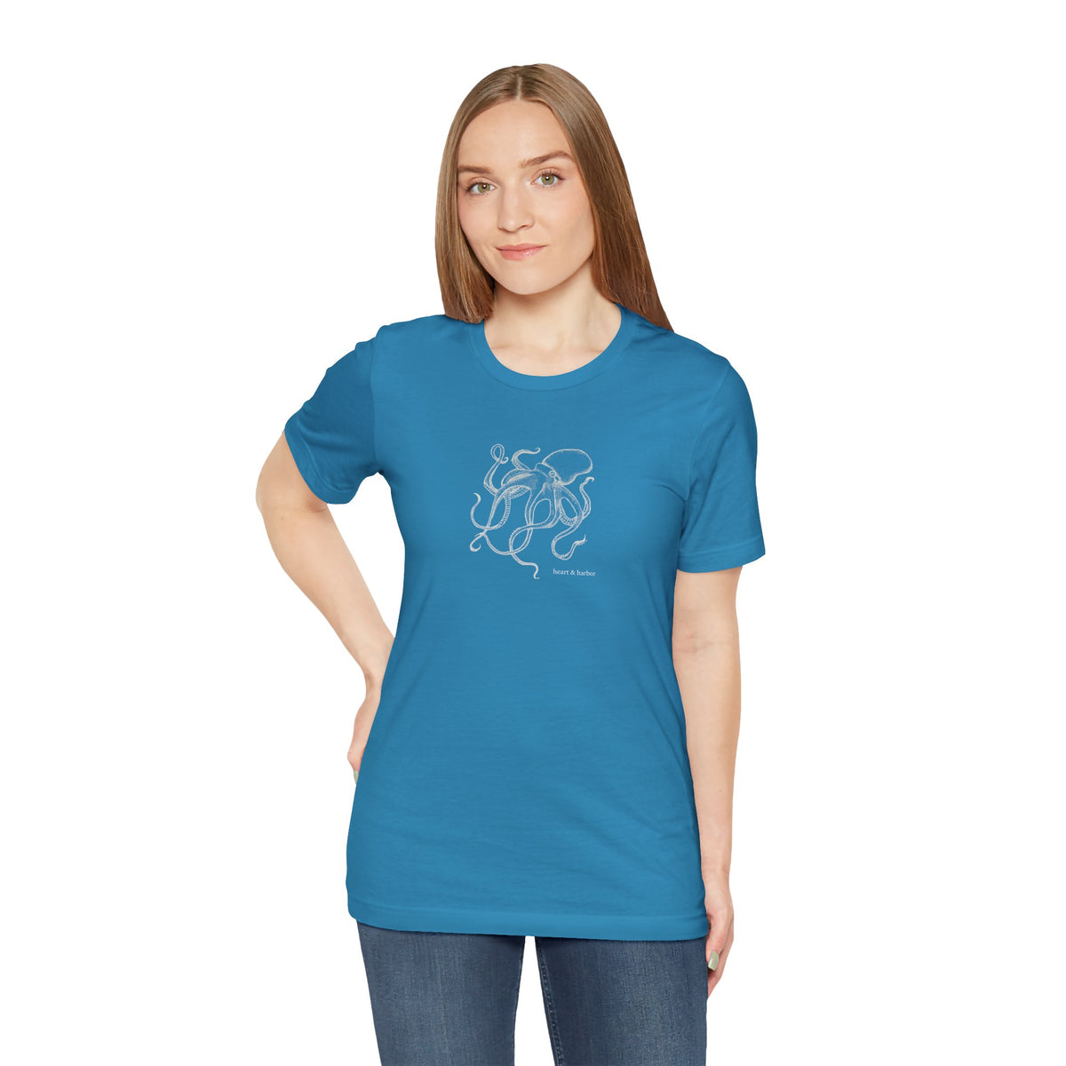 Aqua unisex tee with original hand-drawn Deep Octopus artwork by Heart & Harbor