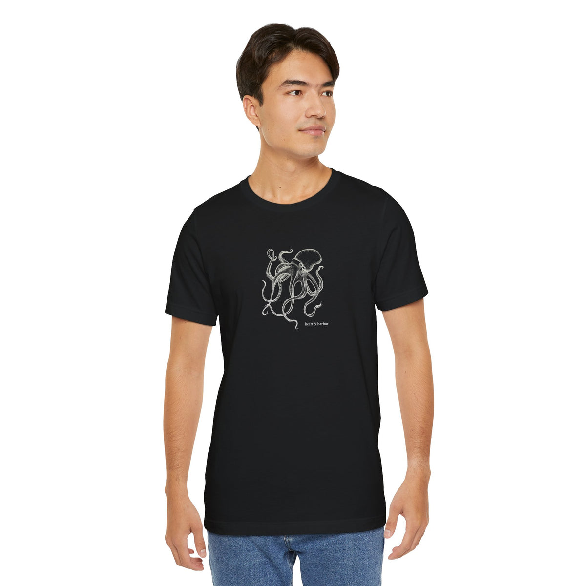 Black unisex tee featuring tattoo-inspired hand-drawn octopus artwork
