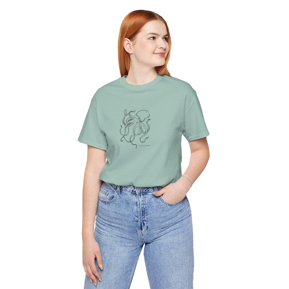 Dusty blue unisex tee with original octopus artwork by Heart & Harbor
