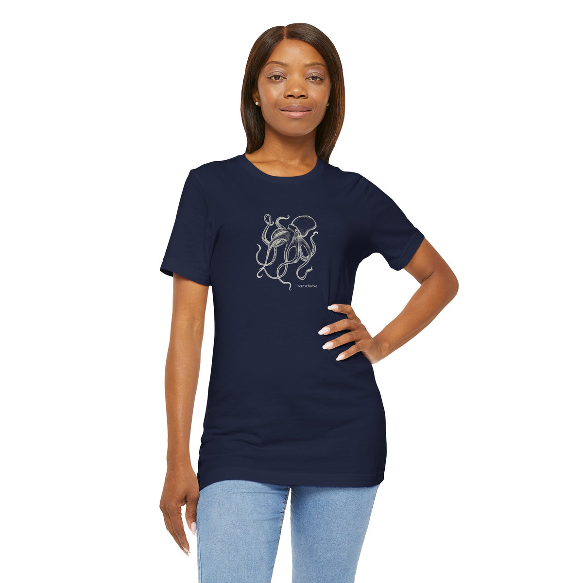 Navy blue unisex tee with original Deep Octopus coastal design