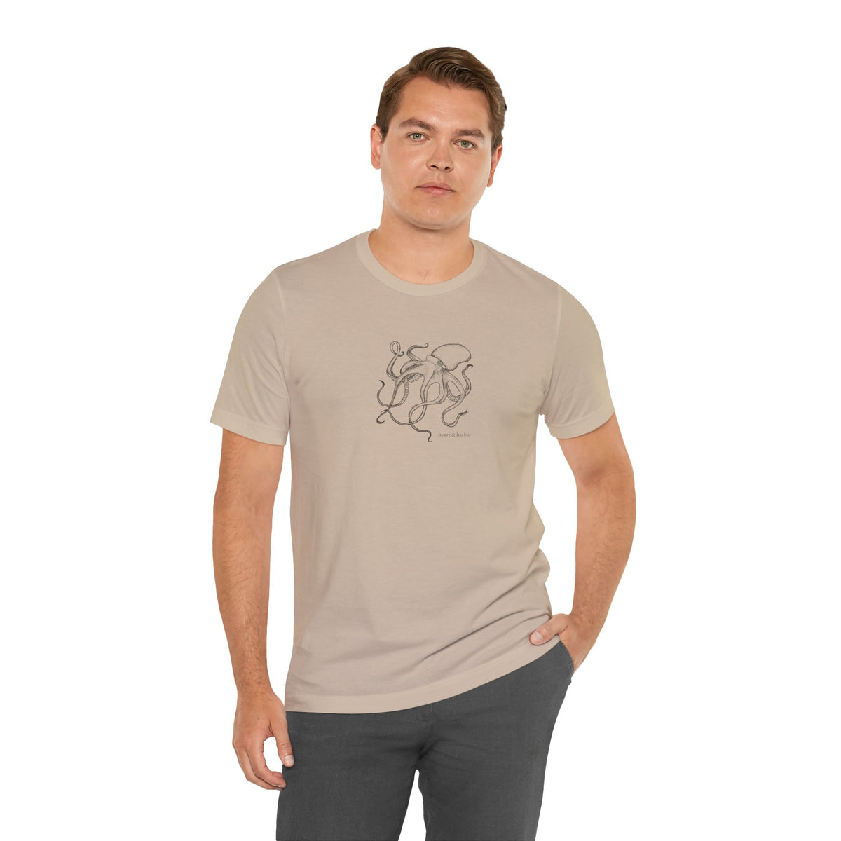 Tan unisex tee featuring hand-drawn Deep Octopus coastal artwork
