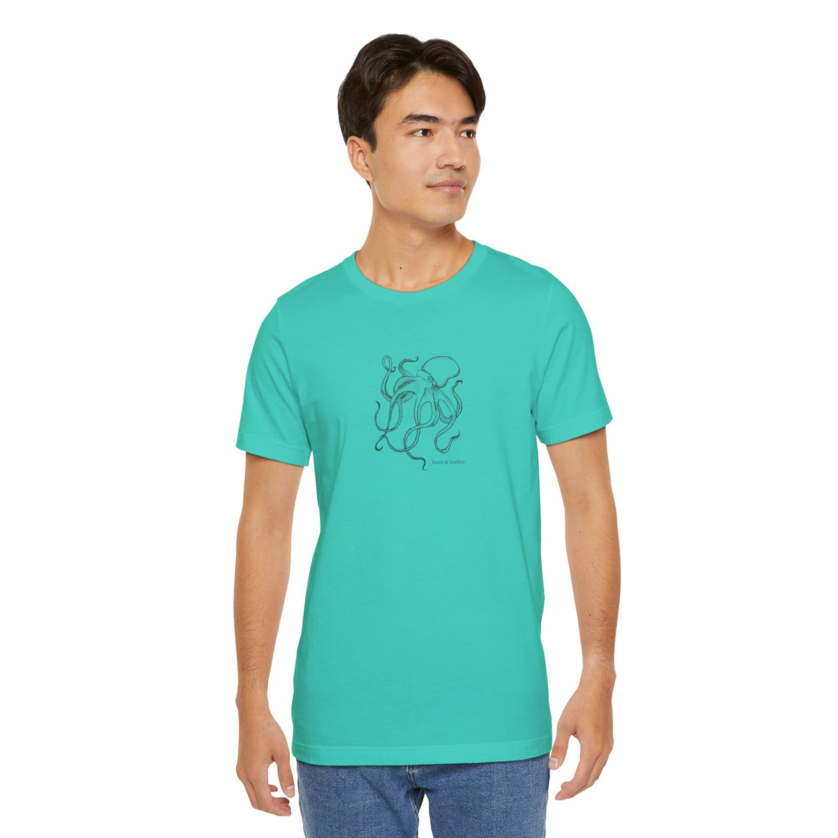 Teal unisex tee featuring Heart & Harbor hand-drawn octopus artwork
