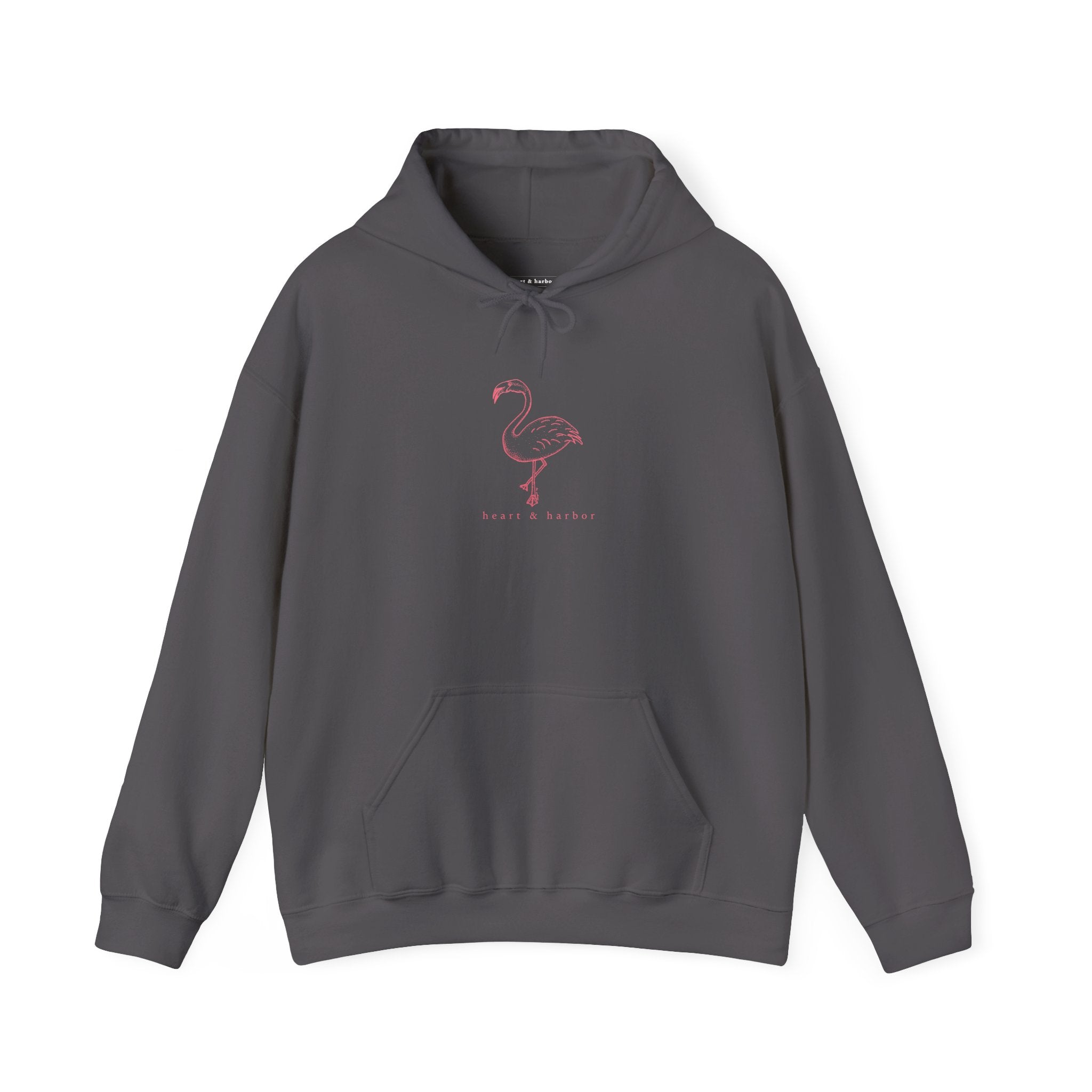Hand-drawn flamingo hoodie with tattoo-inspired coastal artwork by Heart & Harbor
