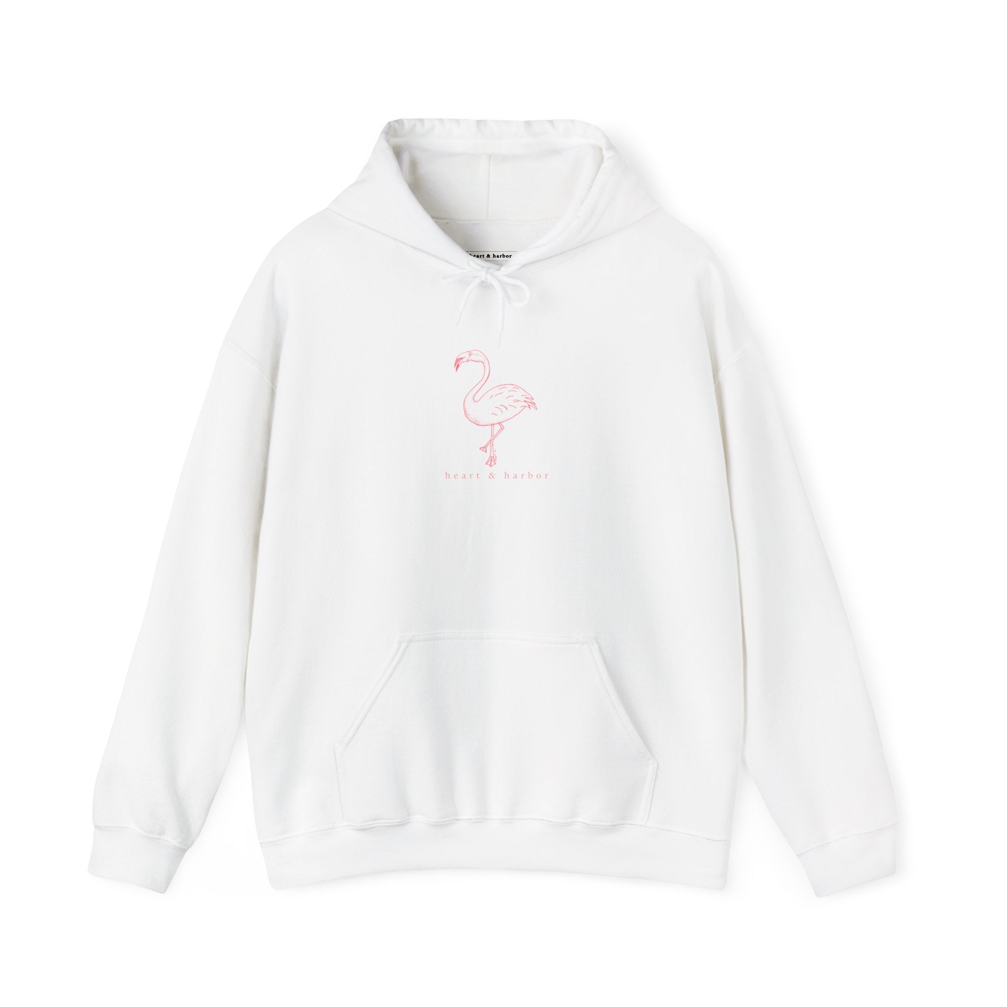 Coastal flamingo white hoodie with hand-drawn tattoo-inspired design