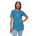 Aqua unisex T-shirt featuring original hand-drawn hibiscus linework