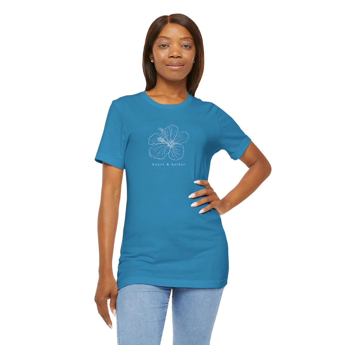 Aqua unisex T-shirt featuring original hand-drawn hibiscus linework