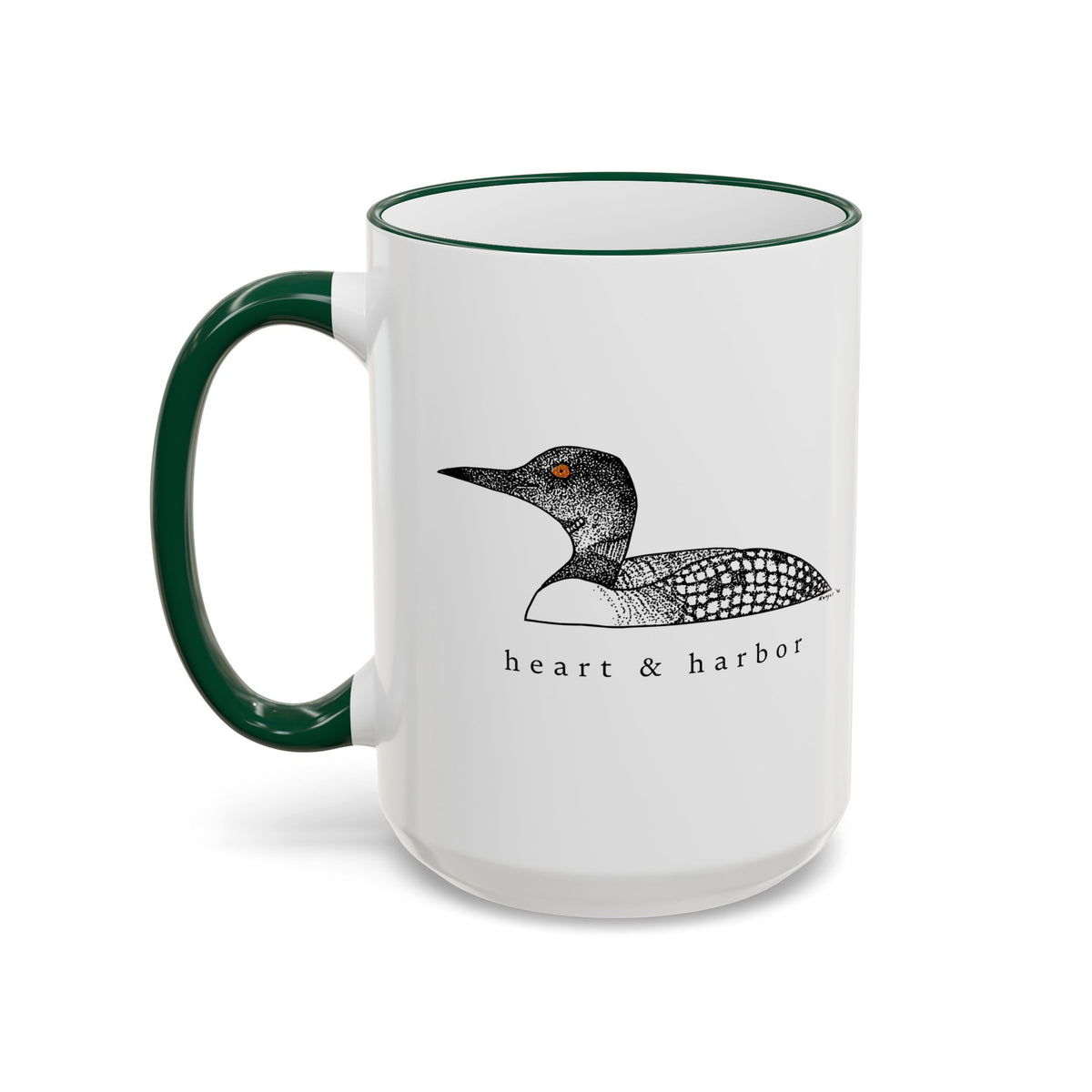 15 oz ceramic loon coffee mug with hand-drawn Heart & Harbor artwork and green rim and handle