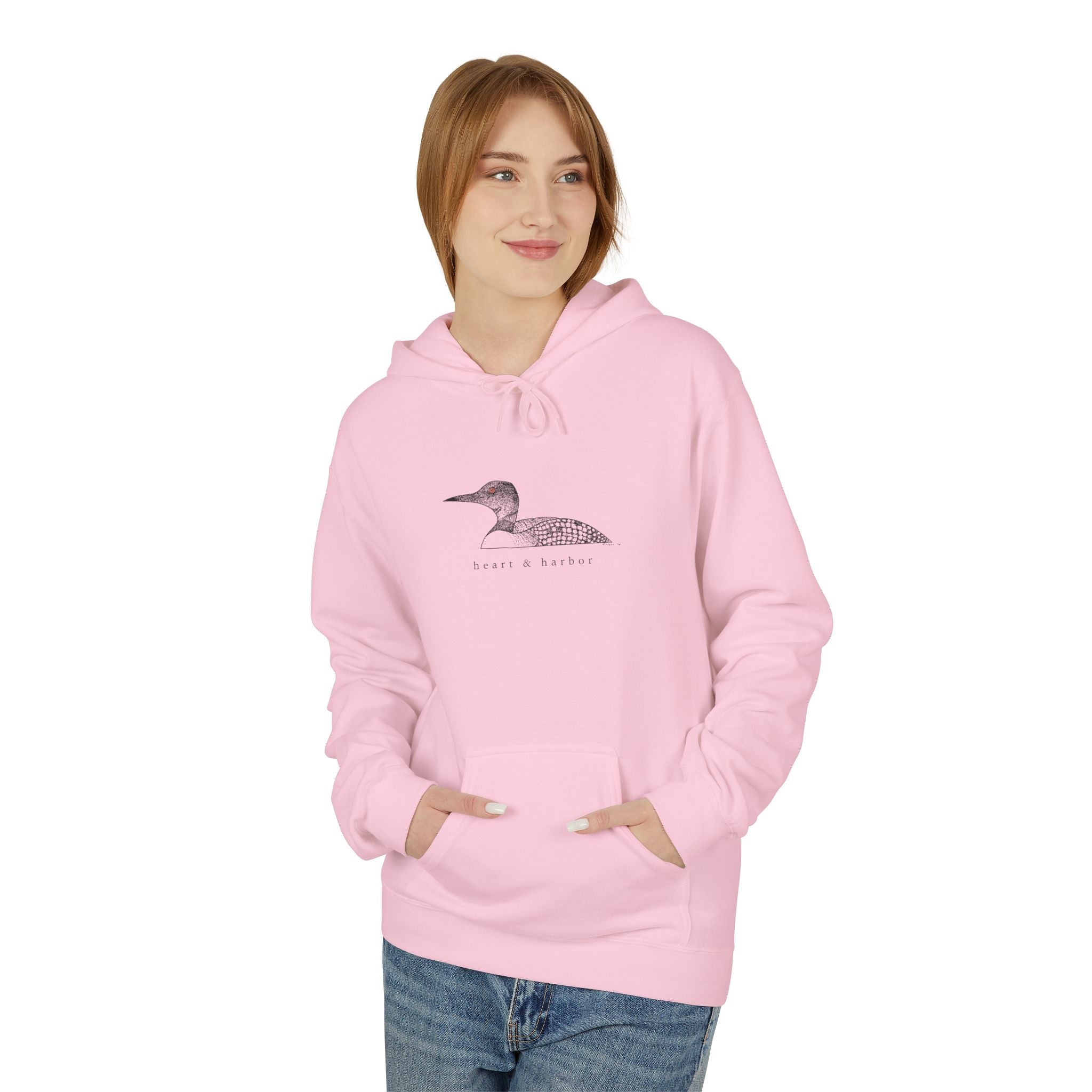 Hand-drawn loon hoodie from the Heart & Harbor Roots Collection