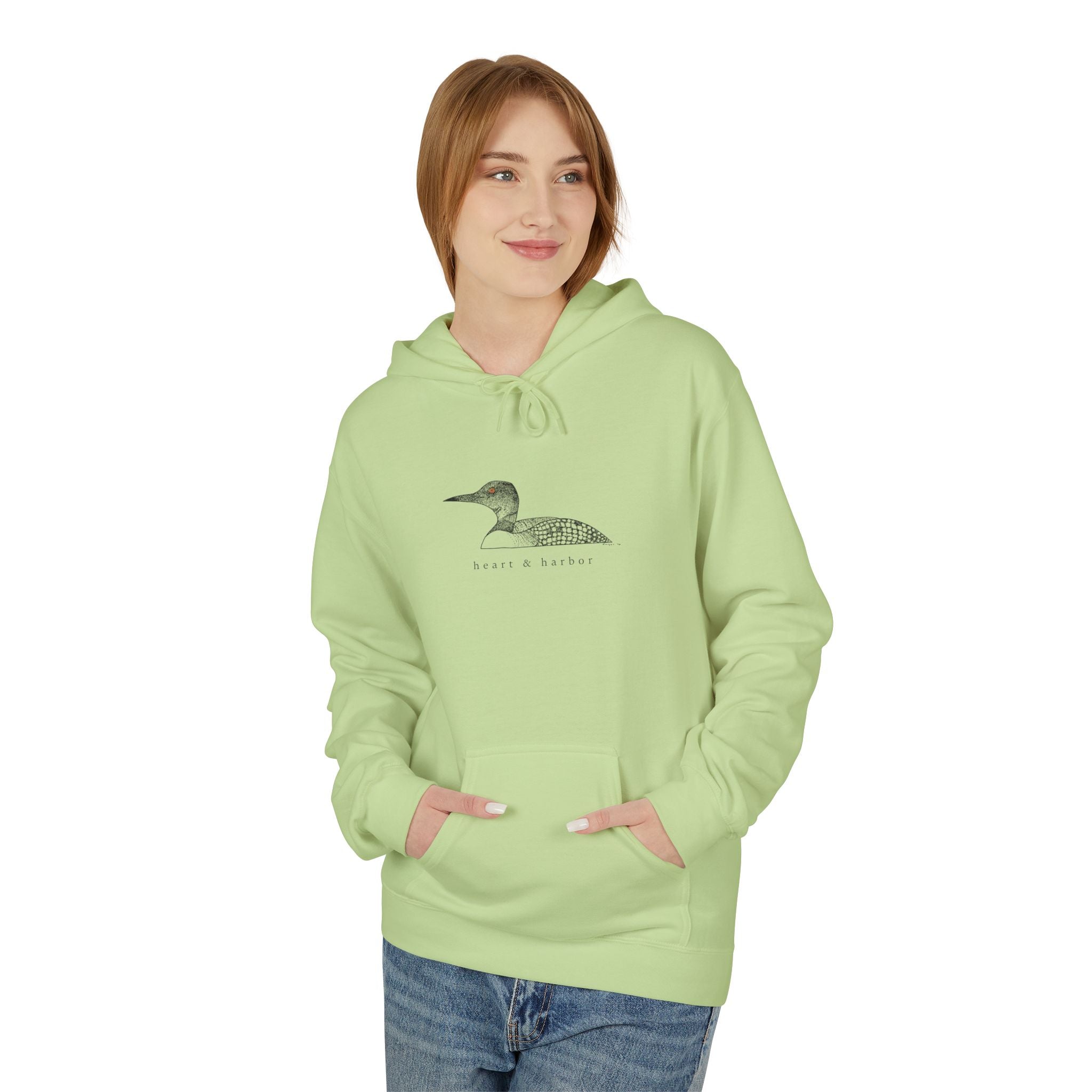 Loon hoodie for lake lovers featuring original Heart & Harbor artwork