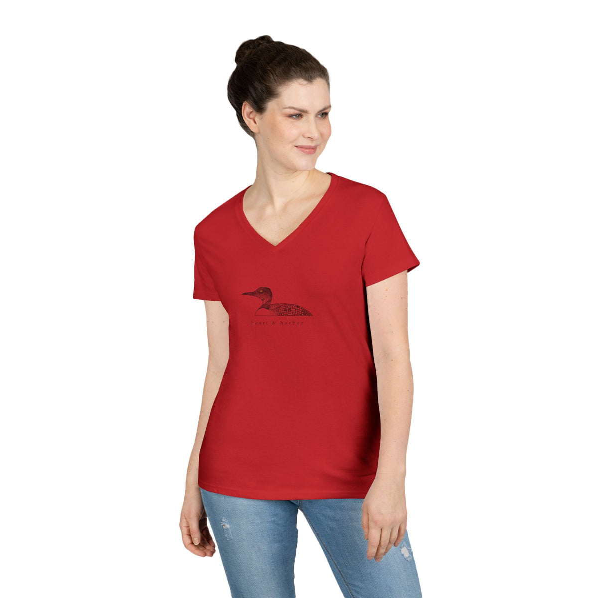 Women’s red V-neck tee featuring original hand-drawn Heart & Harbor common loon artwork