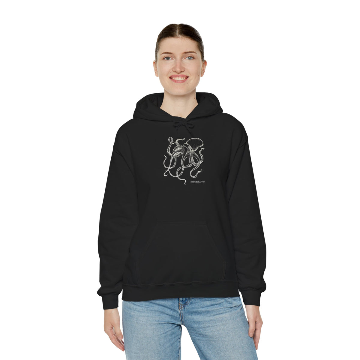 Black unisex hoodie featuring tattoo-inspired Deep Octopus coastal artwork