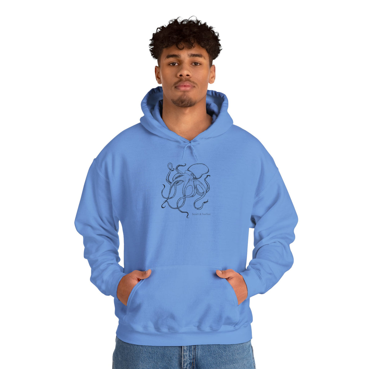 Carolina blue unisex hoodie with original hand-drawn octopus design