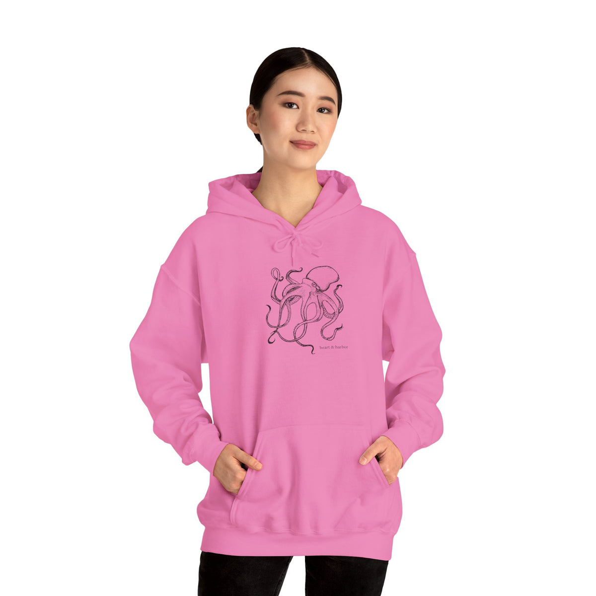 Azalea pink unisex hoodie featuring original Deep Octopus artwork