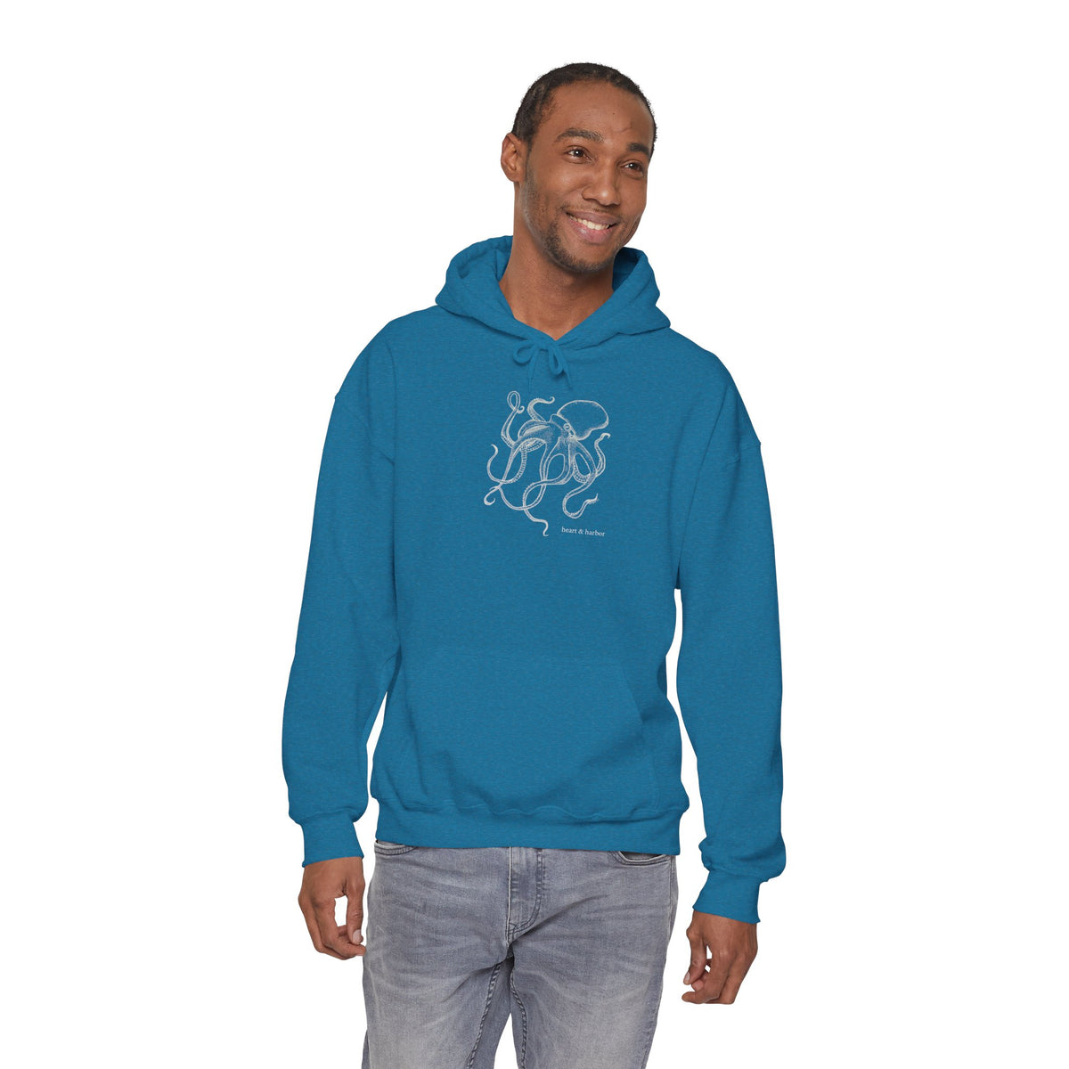 Antique sapphire unisex hoodie with hand-drawn coastal octopus artwork
