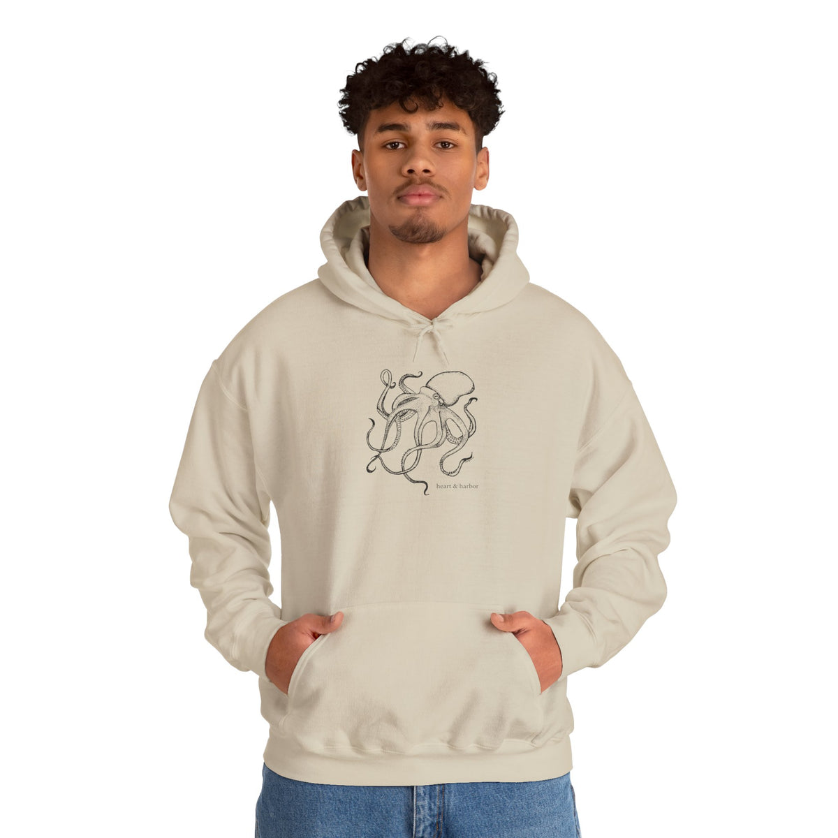 Sand unisex hoodie featuring Heart & Harbor Deep Octopus artwork