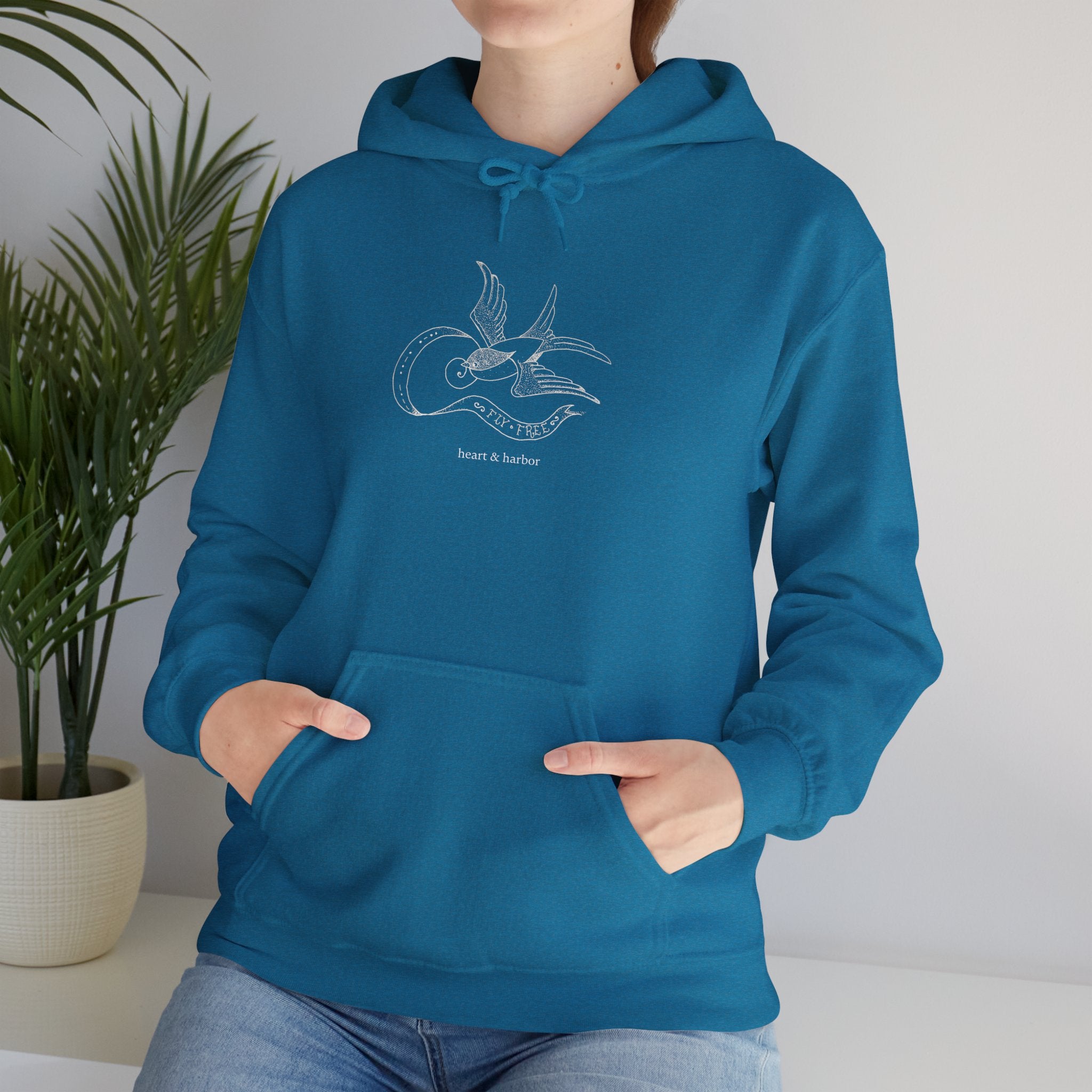 Hand-drawn swallow hoodie featuring original Heart & Harbor nautical artwork