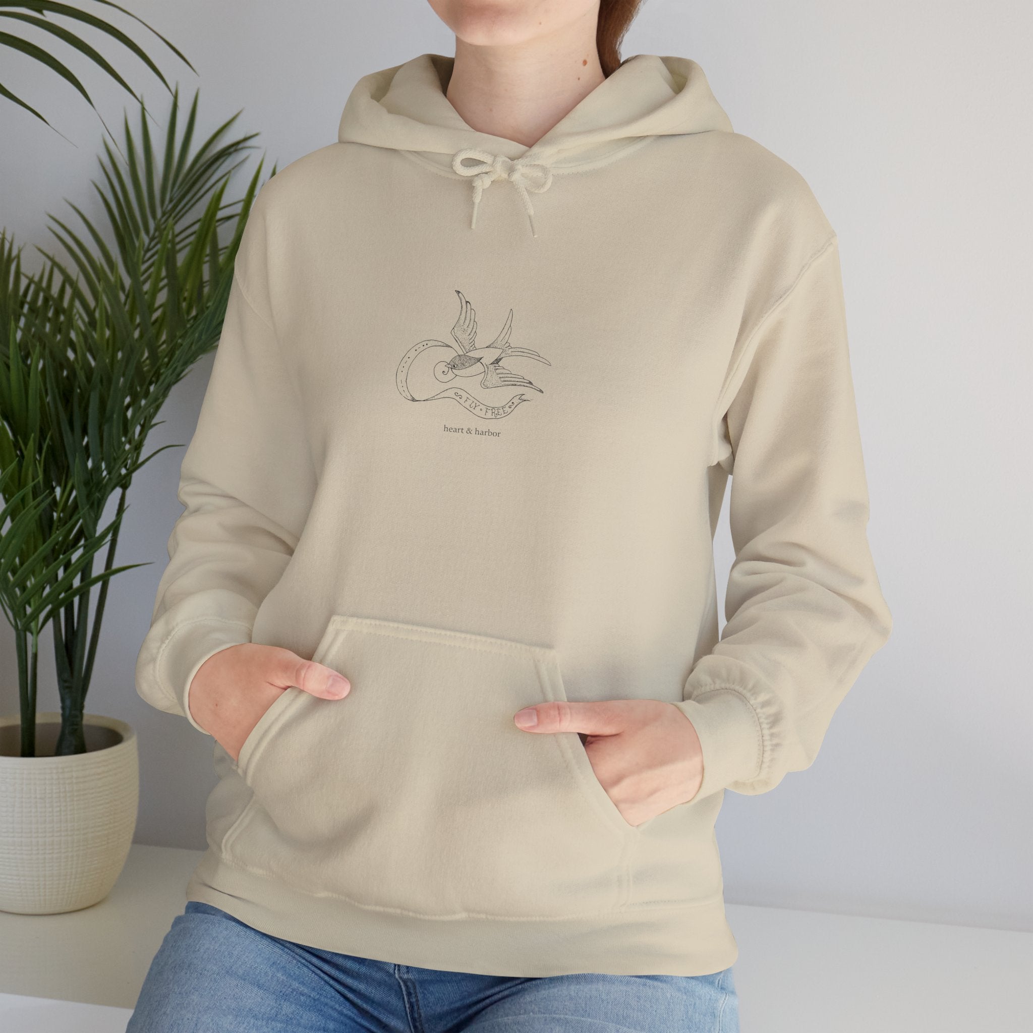 Swallow hoodie for bird lovers with tattoo-inspired coastal artwork