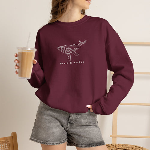 Heart & Harbor hand-drawn whale crewneck sweatshirt with original coastal artwork