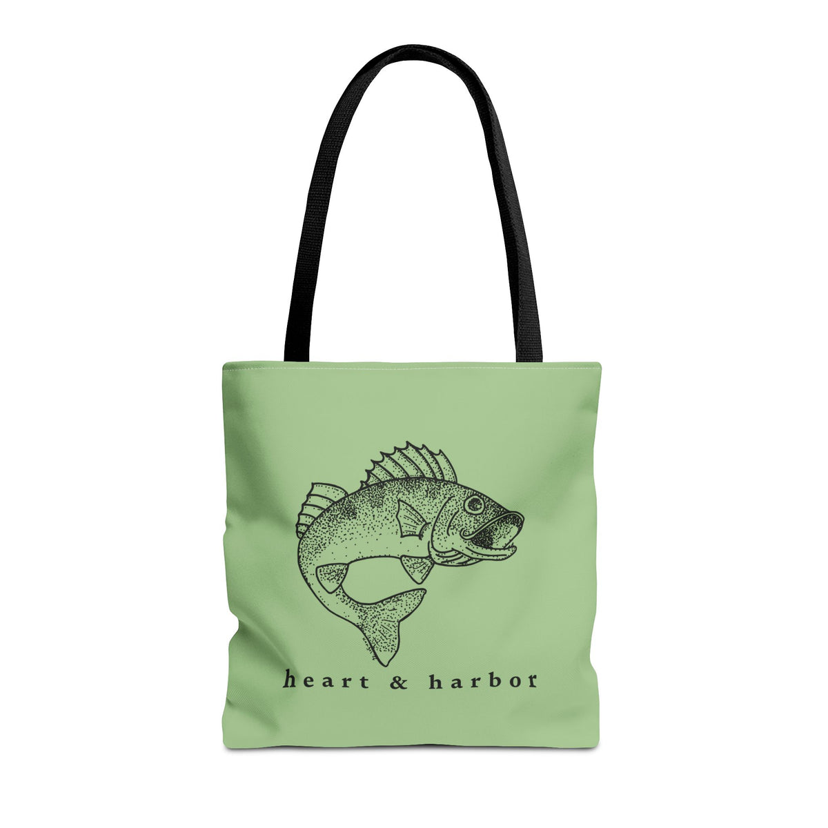 16-inch light-green tote bag featuring Heart & Harbor’s hand-drawn walleye design