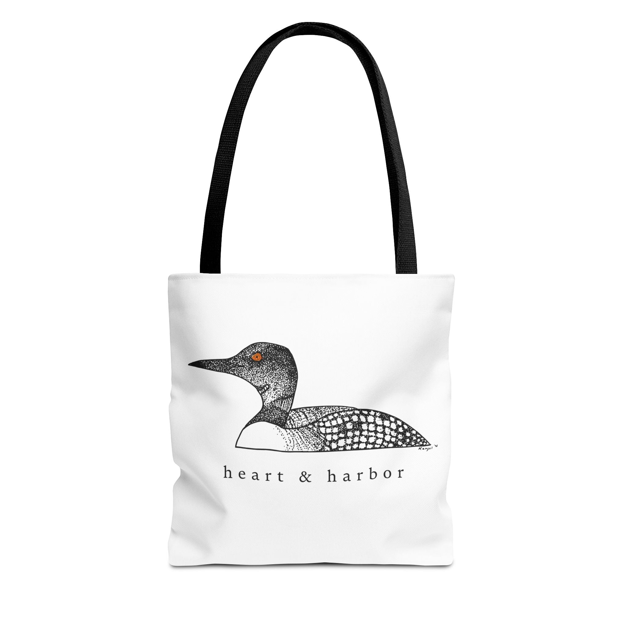Hand-drawn loon tote bag from the Heart & Harbor Roots Collection