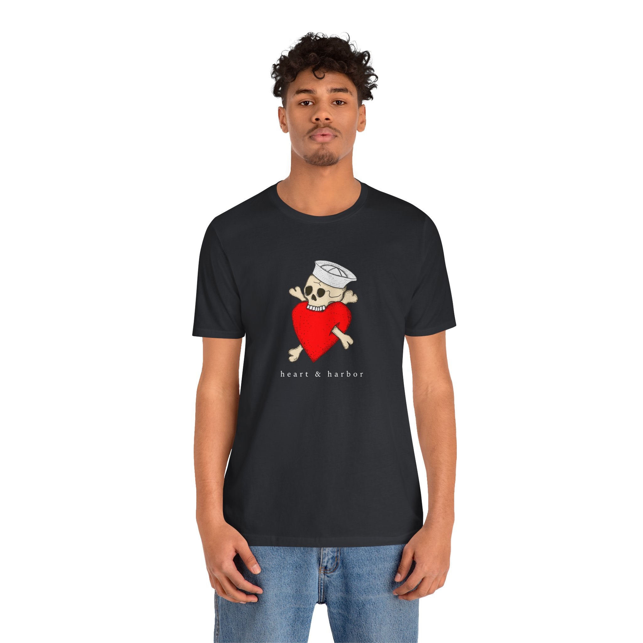 Navy Eat Your Heart Out skull unisex tee featuring original Heart & Harbor hand-drawn artwork