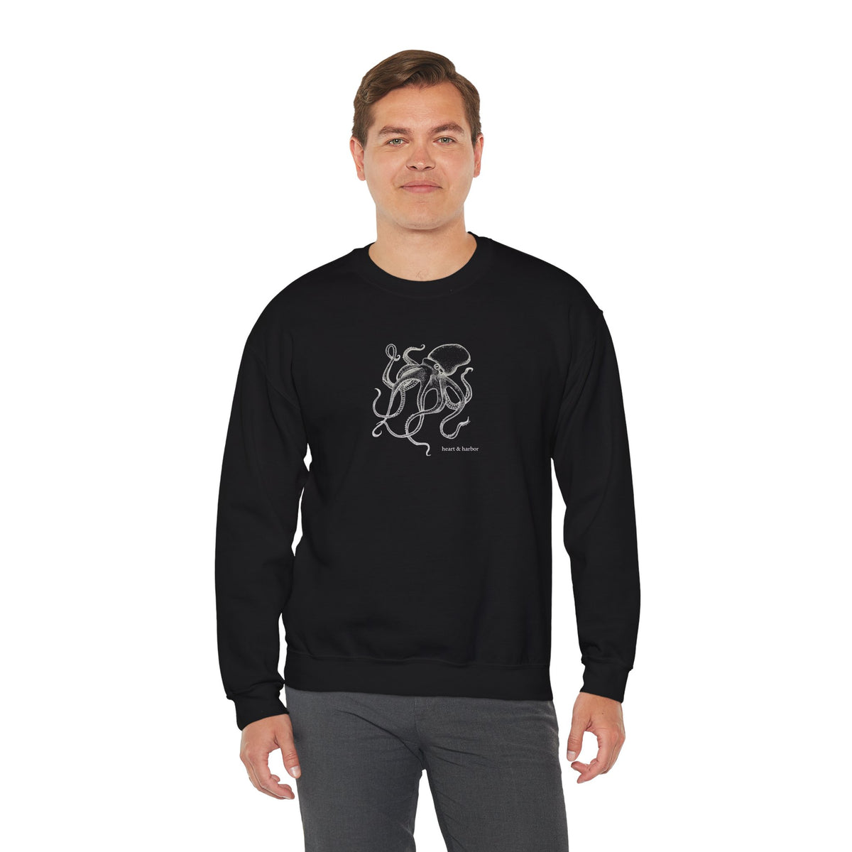Black unisex crewneck sweatshirt with original hand-drawn octopus design