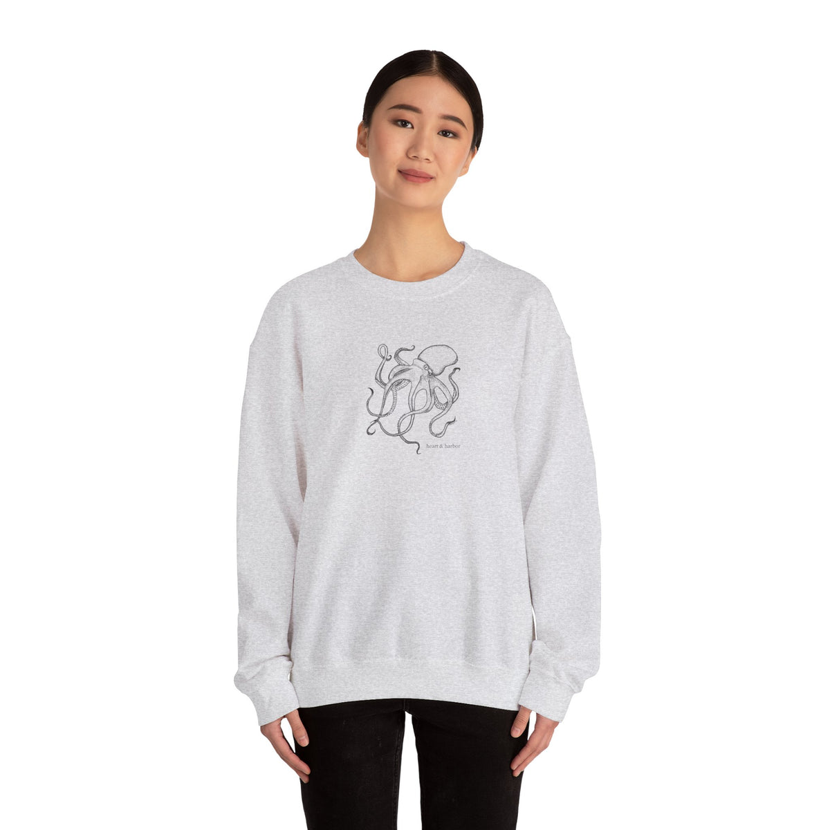Ash gray unisex crewneck sweatshirt with hand-drawn coastal octopus artwork