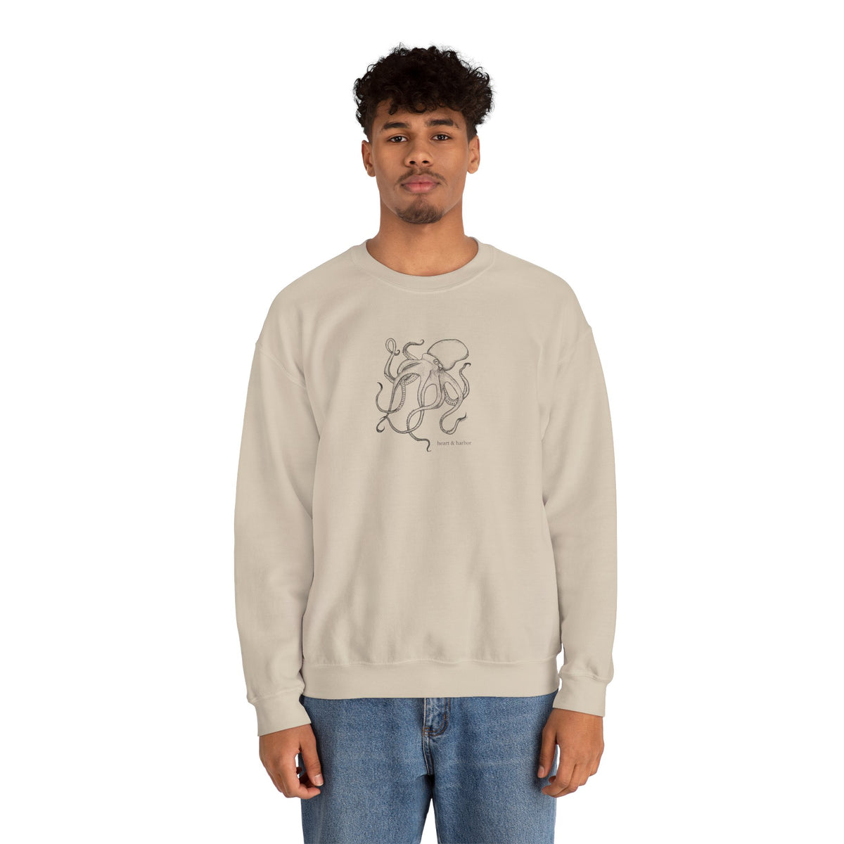 Sand unisex crewneck sweatshirt featuring tattoo-inspired Deep Octopus coastal artwork