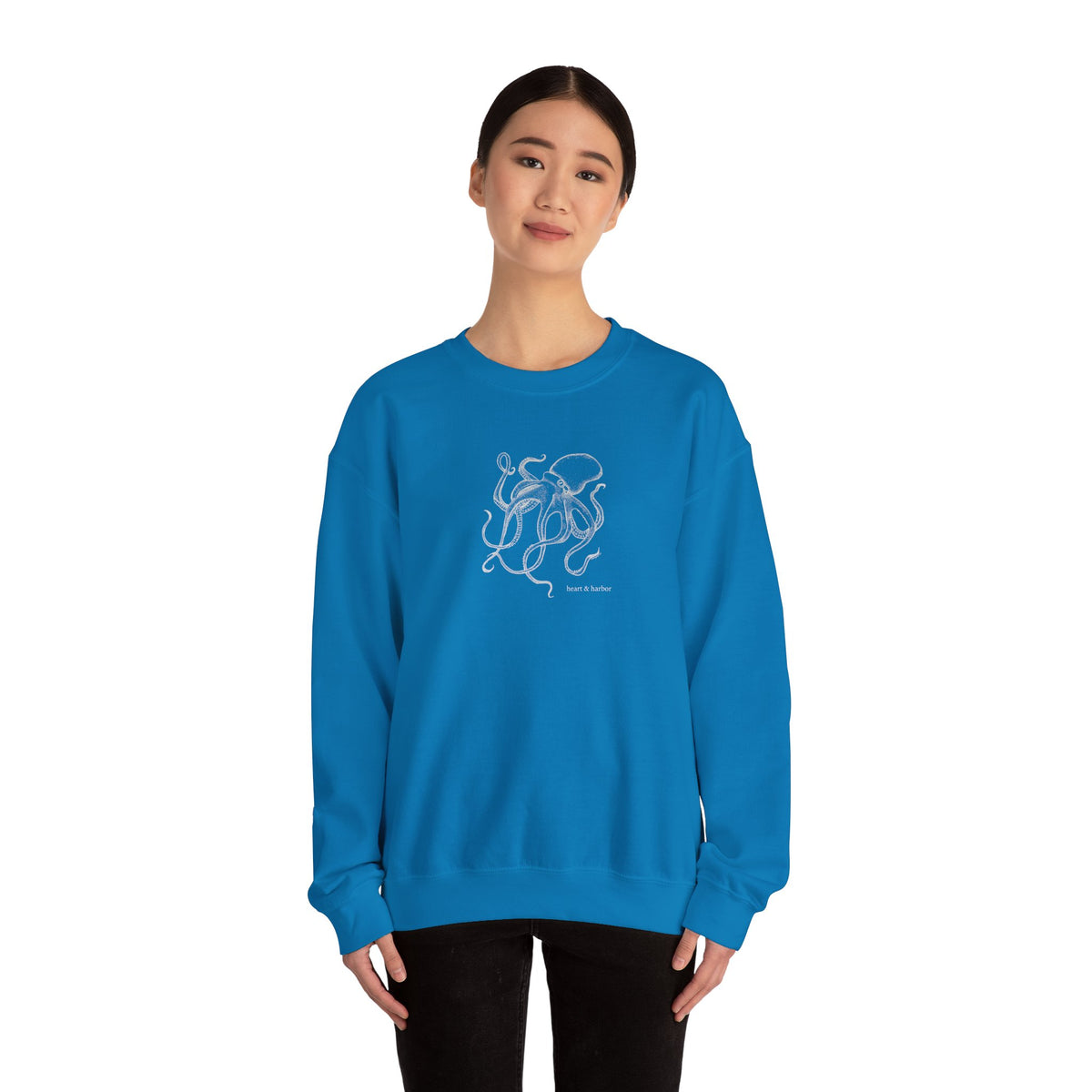 Sapphire blue unisex crewneck sweatshirt featuring Heart & Harbor Deep Octopus artwork