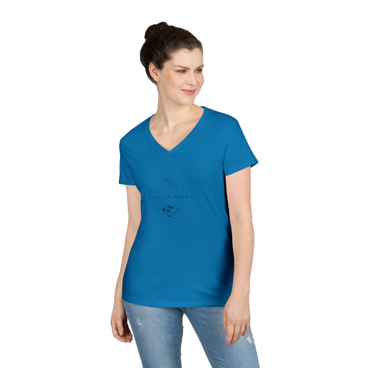Sapphire blue ladies’ V-neck tee with original Chicken & Pig sailor tattoo design