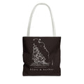 13 × 13-inch black tote bag with white handles and original hand-drawn sailing ship artwork