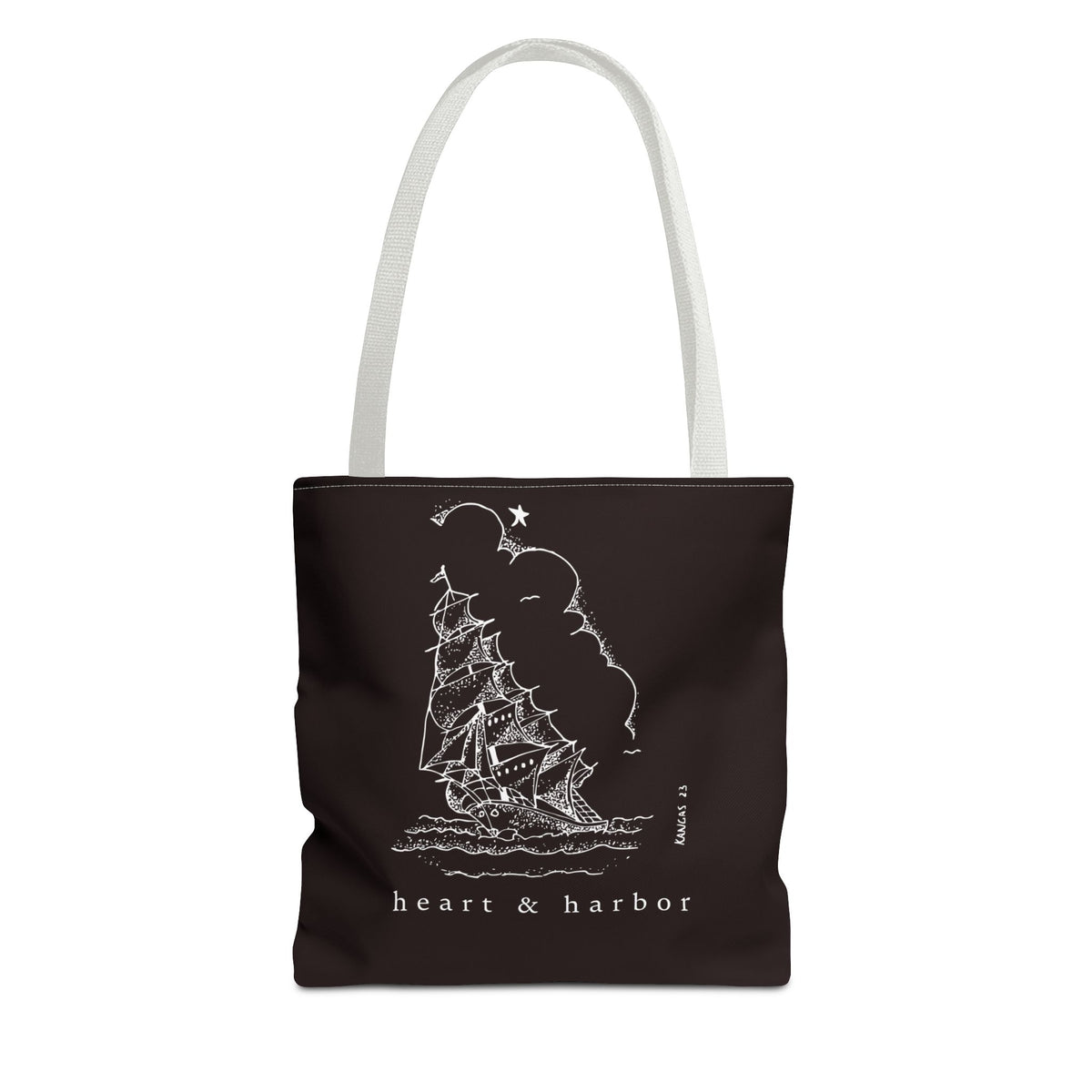 13 × 13-inch black tote bag with white handles and original hand-drawn sailing ship artwork