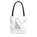 13 × 13-inch white tote bag with black handles featuring original hand-drawn sailing ship artwork
