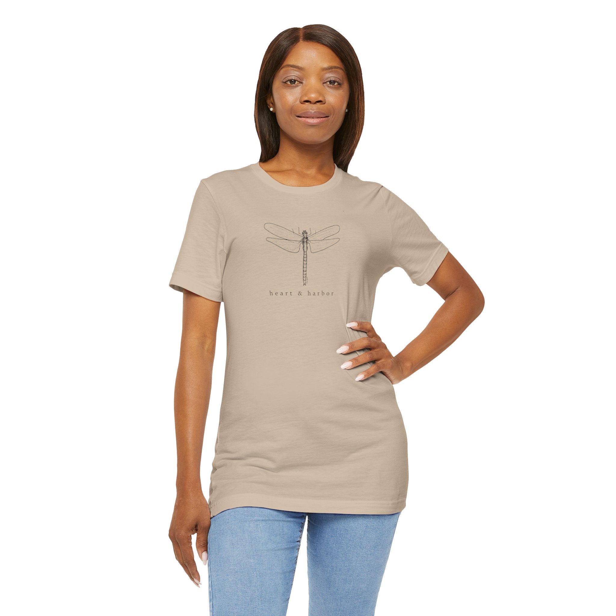 tan Hand-drawn dragonfly unisex tee with coastal Heart & Harbor artwork