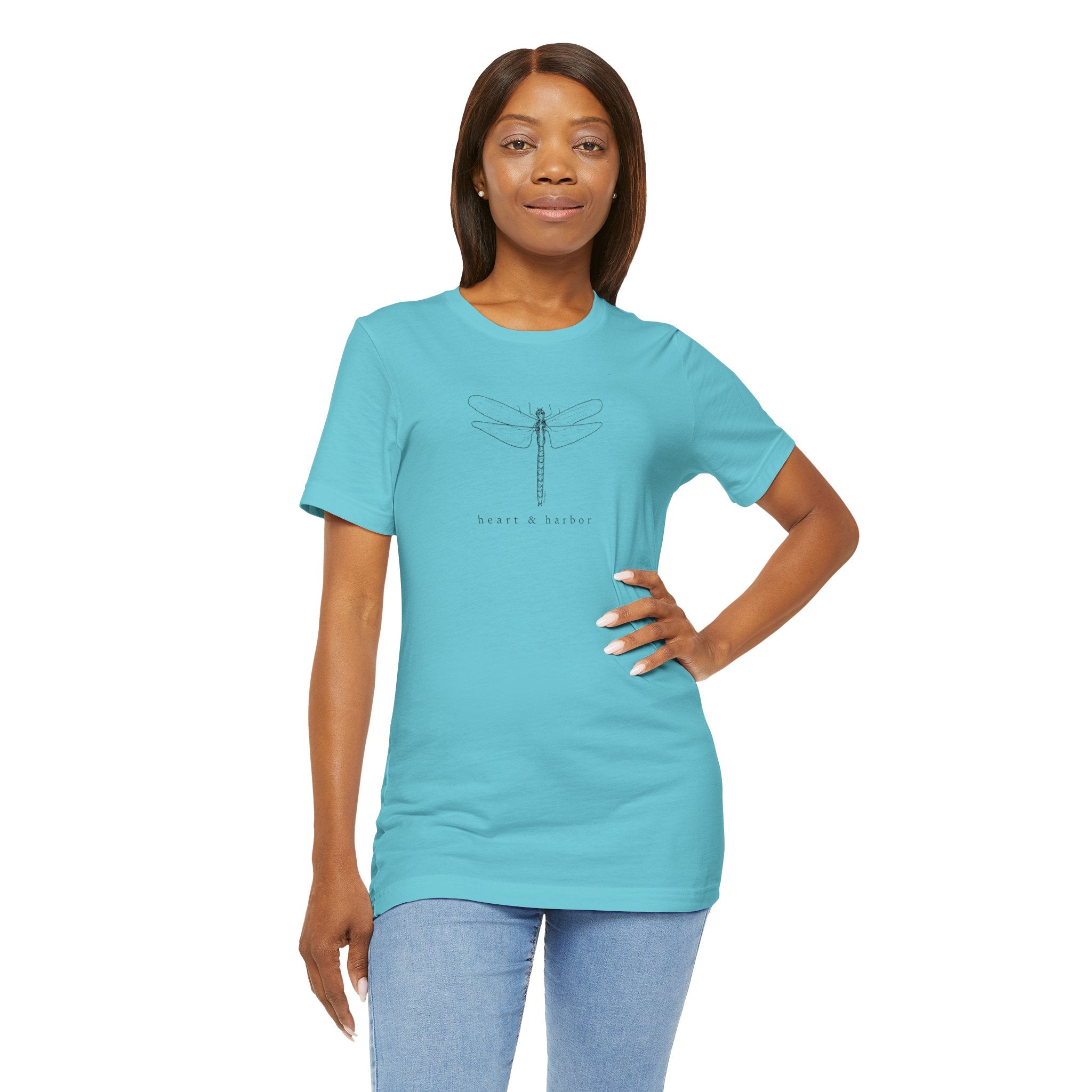 teal Hand-drawn dragonfly unisex tee with coastal Heart & Harbor artwork