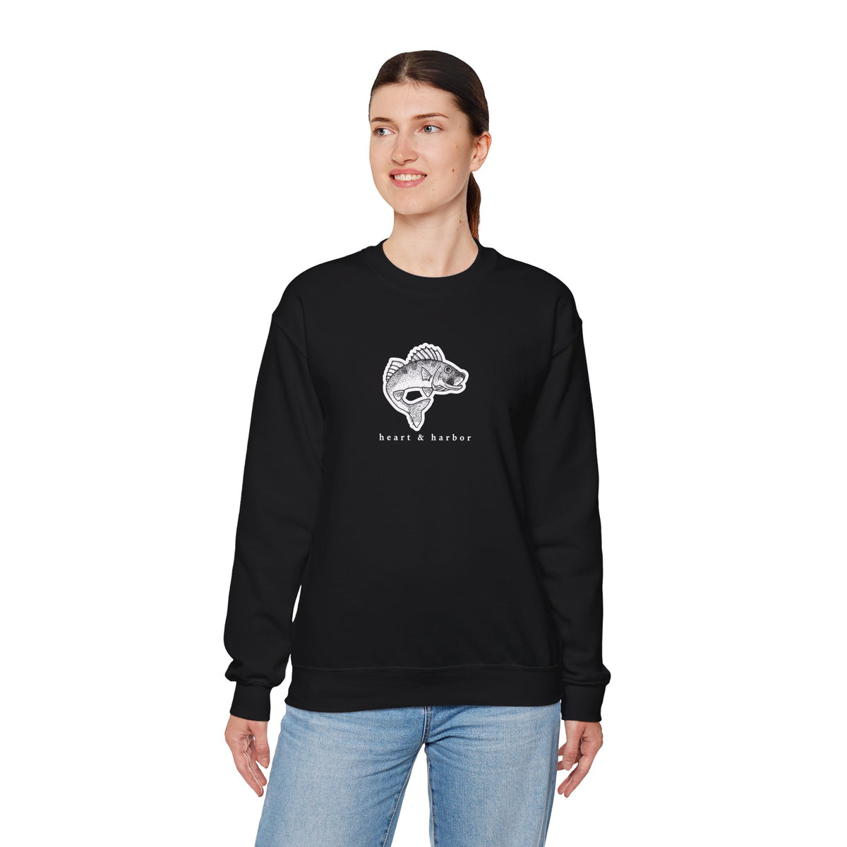 Black unisex crewneck sweatshirt featuring a hand-drawn freshwater walleye