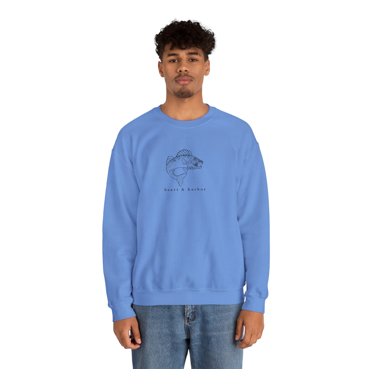 Carolina blue unisex crewneck sweatshirt with original hand-drawn walleye artwork