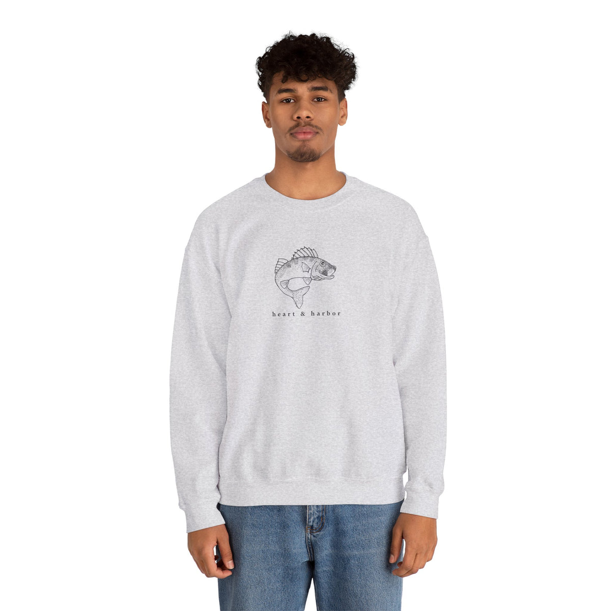 Ash gray unisex crewneck sweatshirt featuring original hand-drawn walleye artwork