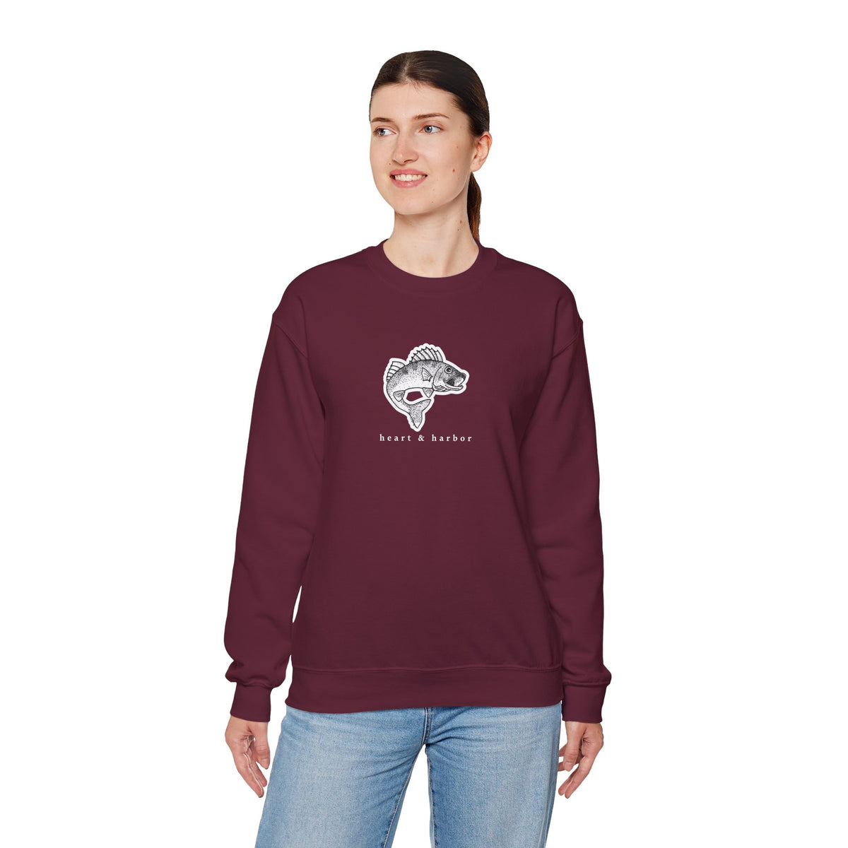 Maroon unisex crewneck sweatshirt featuring Fishstringer’s Favorite walleye design