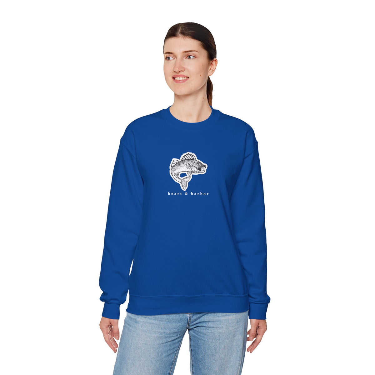 Royal blue unisex crewneck sweatshirt with Fishstringer’s Favorite walleye artwork