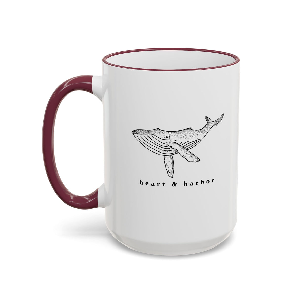 15 oz white ceramic mug with maroon rim and handle featuring original hand-drawn Deep Water Whale artwork 