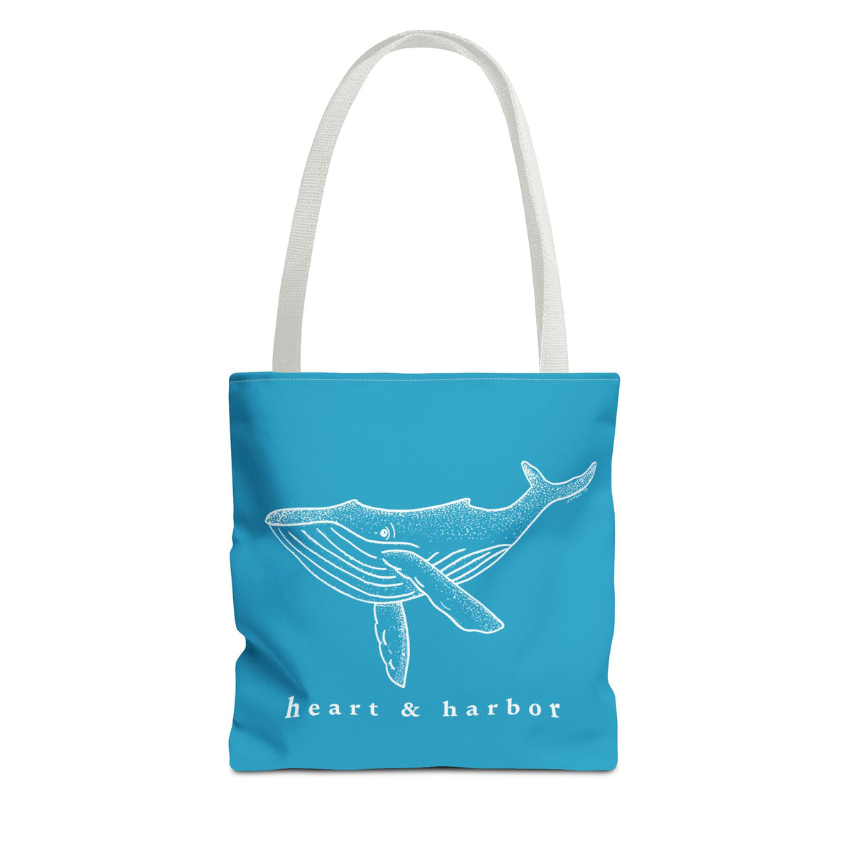Turquoise tote bag with white handles and original hand-drawn whale artwork by Heart & Harbor 13 inch