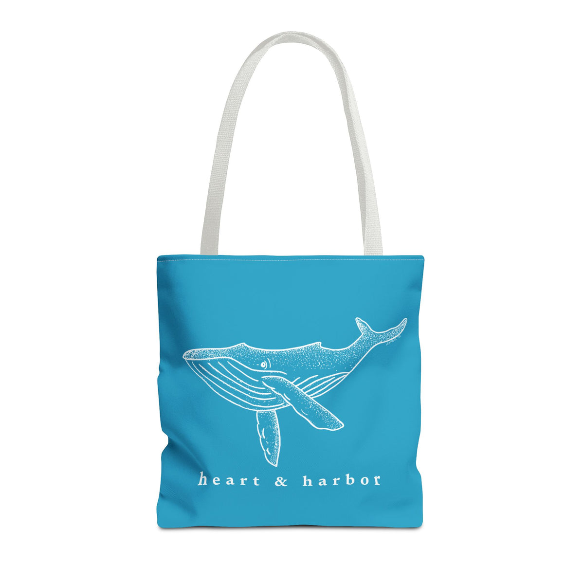 Turquoise tote bag with white handles and original hand-drawn whale artwork by Heart & Harbor 16 inch