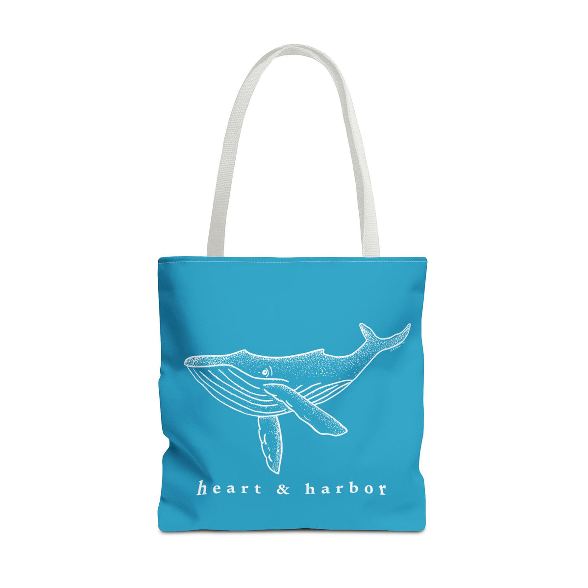 Turquoise tote bag with white handles and original hand-drawn whale artwork by Heart & Harbor 18 inch